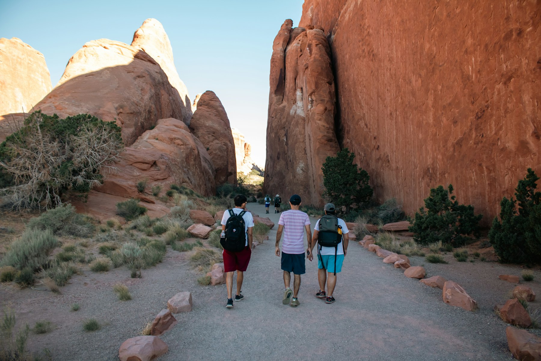 A group of friends walking together on a desert trail