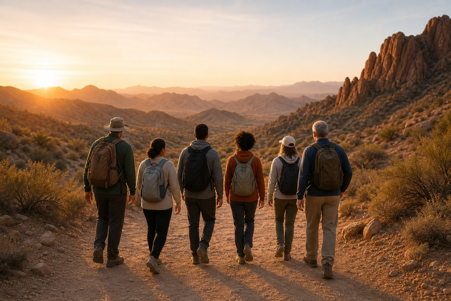 A diverse group walking together on a desert trail at sunrise