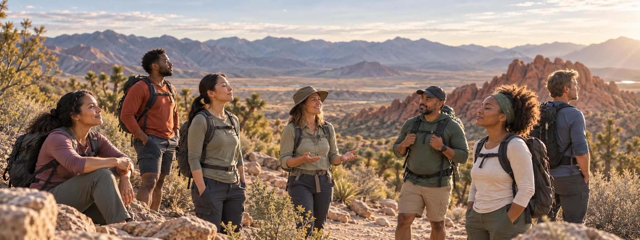 Diverse adults pausing peacefully on a Las Vegas desert trail for a Selah moment