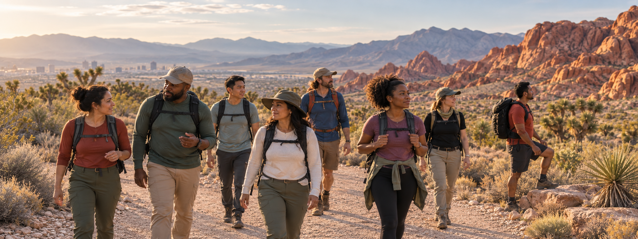 A diverse group of adults walking at an unhurried pace on a Las Vegas desert trail